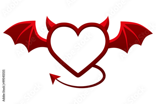 Devil red heart frame isolated on white background. Heart with tail wings and horns. Flat design, vector illustration for your designs, greeting cards, print, stickers or banners.