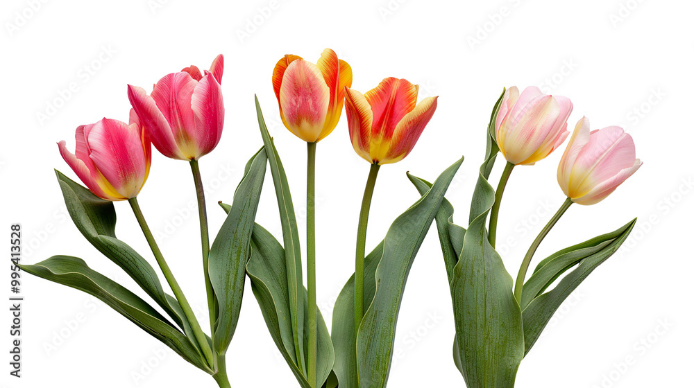 Fototapeta premium Tulips flower with leaves isolated on transparent background, png