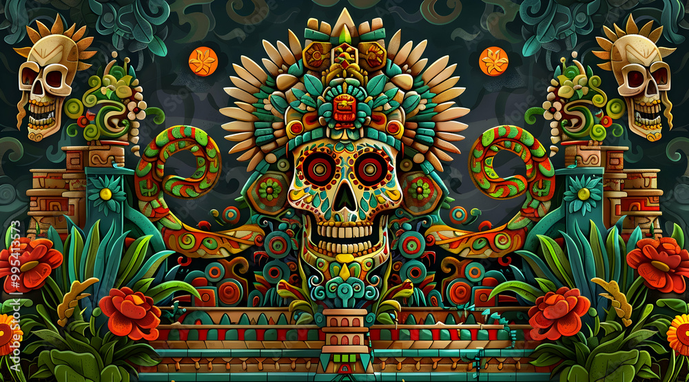 custom made wallpaper toronto digitalColorful Skull Illustration with Flowers and Geometric Patterns