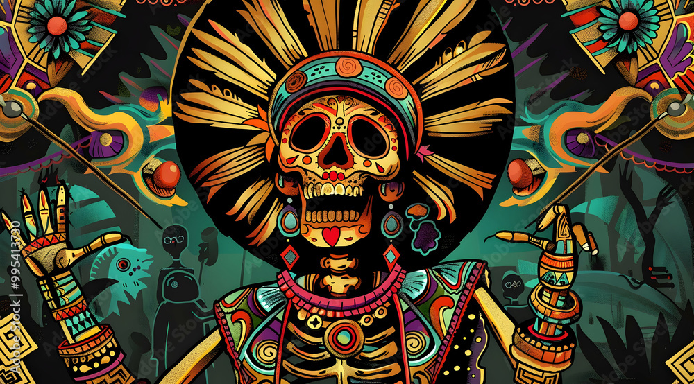 Fototapeta premium Colorful Skull with Feathers Illustration