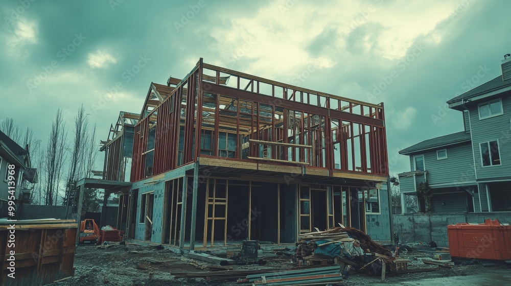 Detailed view of a steel-framed house in mid-construction, beams and joints exposed, construction materials piled up, overcast sky, soft ambient lighting Detailed view of a steel-framed house in mid-construction, beams and joints exposed, construction materials piled up, overcast sky, soft ambient lighting