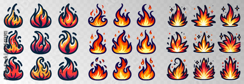 Set of fire cartoon character vector illustration on transparent png background.