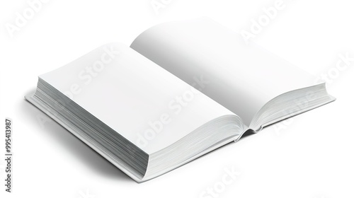 3D rendering of an open book with blank pages on a white background. Book mockup template for design and presentation