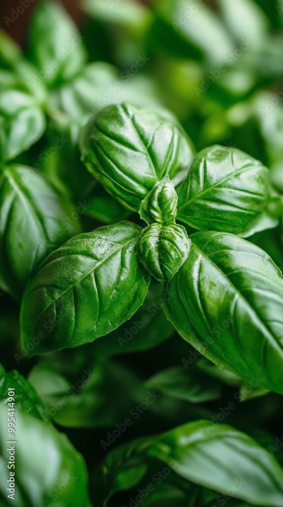 A cluster of fresh basil leaves lies close together, displaying their rich green color and smooth textures, ideal for enhancing various dishes and recipes A cluster of fresh basil leaves lies close together, displaying their rich green color and smooth textures, ideal for enhancing various dishes and recipes