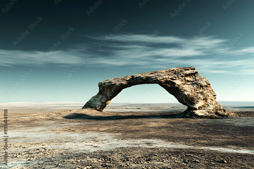 Fototapeta premium Rocky beach landscape with a stone arch in the ocean waves, under a clear blue sky