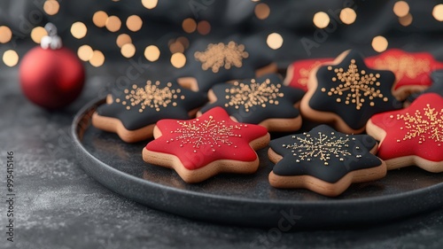 Festive star-shaped cookies in red and black, beautifully decorated with gold sprinkles, set against a dark background with twinkling lights. photo