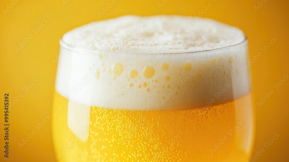 A frothy glass of golden yellow beer with white foam on top, emphasizing the refreshing and bubbly texture in a close-up shot A frothy glass of golden yellow beer with white foam on top, emphasizing the refreshing and bubbly texture in a close-up shot