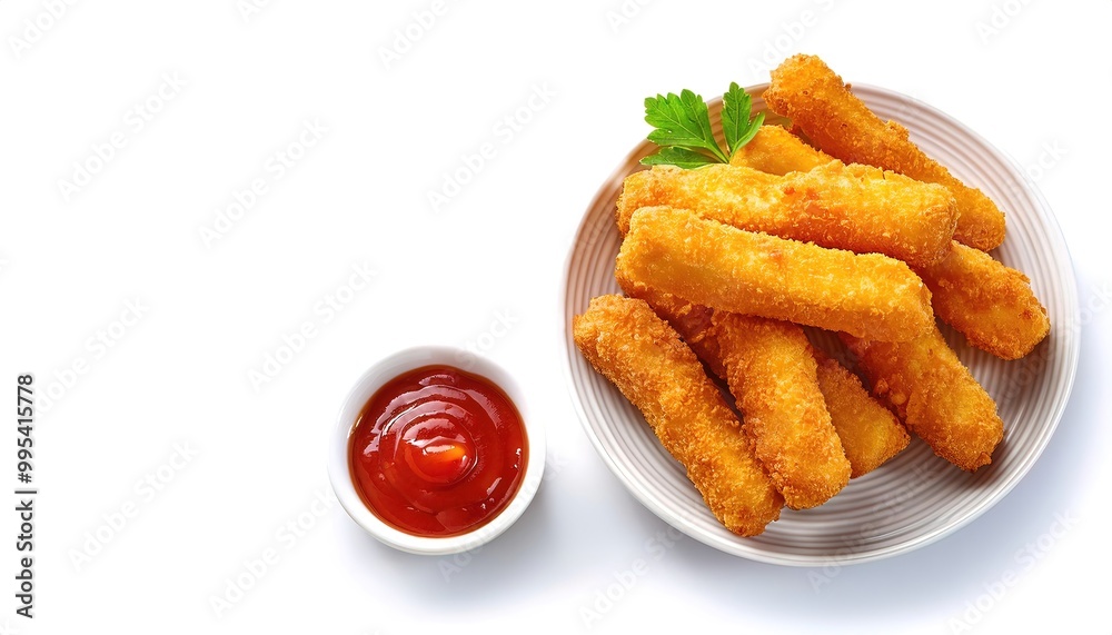 Mozzarella cheese sticks are elongated pieces of battered or breaded mozzarella, usually served as hors d oeuvre. With a side of red tomato marinara sauce. Isolated on white with copy space Mozzarella cheese sticks are elongated pieces of battered or breaded mozzarella, usually served as hors d oeuvre. With a side of red tomato marinara sauce. Isolated on white with copy space