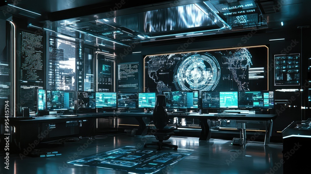A futuristic, high-tech workspace featuring large monitors, advanced tools, and holographic data projections. A futuristic, high-tech workspace featuring large monitors, advanced tools, and holographic data projections.