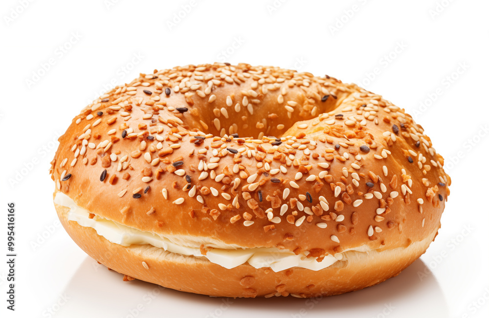 Bagel isolated on a white background. Fresh baked buttery bagel with sesame seeds Bagel isolated on a white background. Fresh baked buttery bagel with sesame seeds
