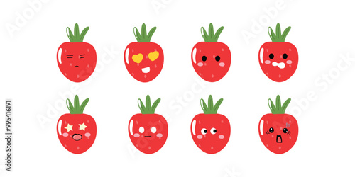 set of kawaii strawberry emoticon sticker isolated on white background. strawberry cute expression face