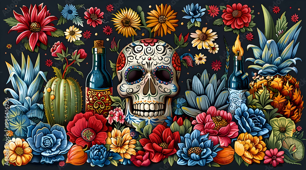 Sugar Skull Floral Illustration with Pineapples and Cactus