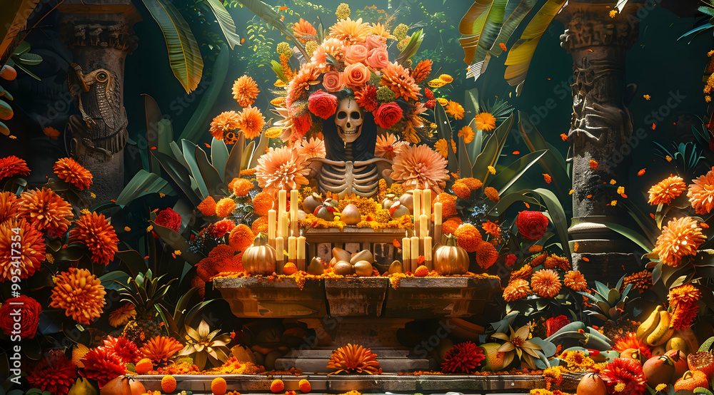 Fototapeta premium 3D Illustration of a Skull Adorned with Flowers and Candles in a Lush Garden