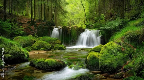 Tranquil forest park with petite waterfall in autumn mossy rocks by stream serene scenery
