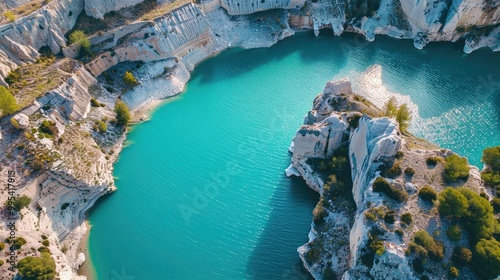 Turquoise artificial lake in chalk quarry stunning industrial scenery from above