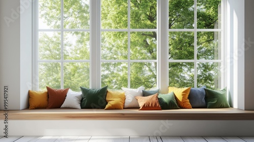 A cozy window seat with colorful pillows offers a serene view of lush greenery and sunlight.