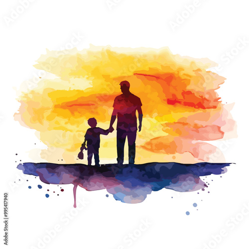 Happy father's day. Happy family son holding dad's hand silhouette plus abstract watercolor painting. vector watercolor art isolated on white background