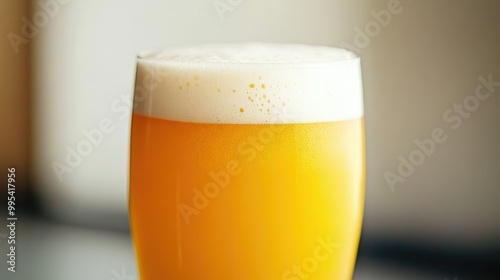 A glass of golden yellow beer with frothy white foam on top, captured in a close-up shot to highlight the fresh texture