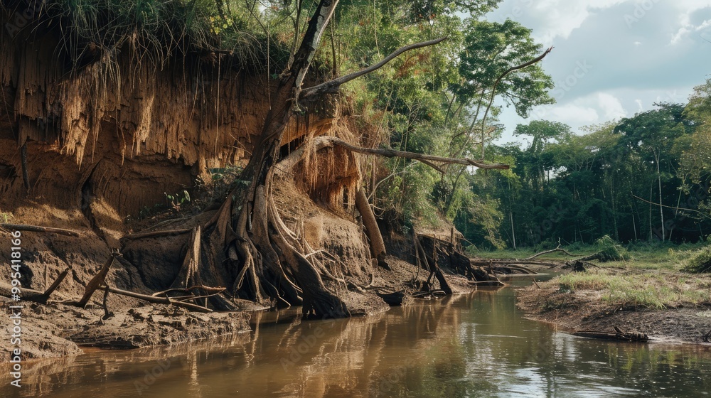 Trees falling into tropical river from eroding clay cliff Trees falling into tropical river from eroding clay cliff