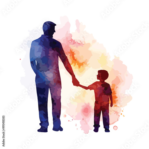 Happy father's day. Happy family son holding dad's hand silhouette plus abstract watercolor painting. vector watercolor art isolated on white background