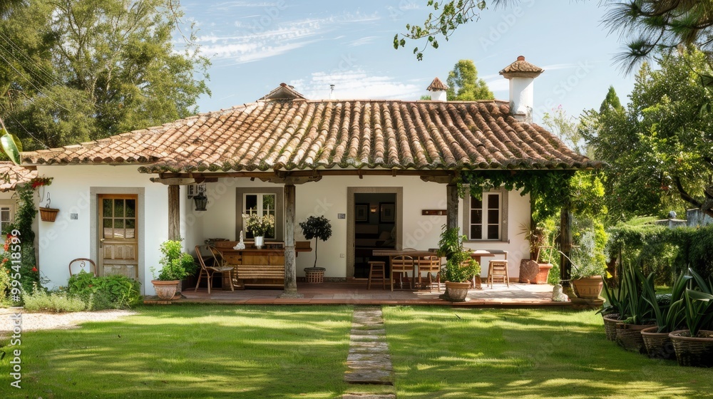 Fototapeta premium Vintage Portuguese Home with White Wooden Roof Structure