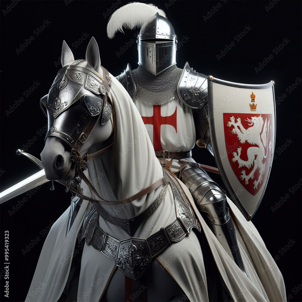 Knight with shield and sword riding on imposing horse isolated on black ...