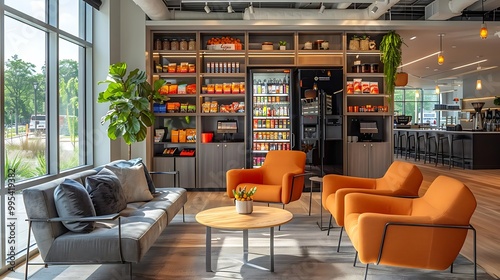 A modern lounge area with orange chairs, a coffee station, and shelves of snacks.