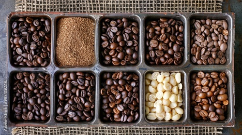 Various coffee beans in a square container