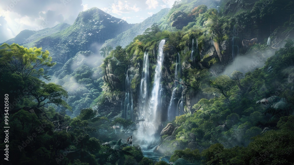 Waterfall in a dense forest atop a mountain Waterfall in a dense forest atop a mountain