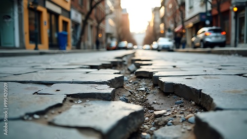 Illustration of cracked sidewalks and roads after a quake, highlighting severe damage to urban infrastructure. A detailed representation of the destructive aftermath of a seismic event.
