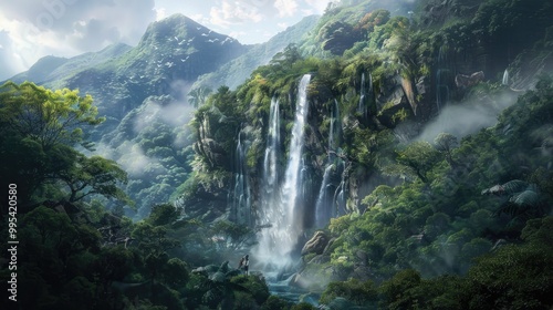 Waterfall in a dense forest atop a mountain