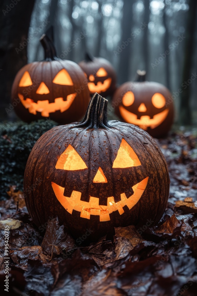 Haunted jack-o’-lanterns glow with an eerie light in the darkened forest, lighting the path ahead Haunted jack-o’-lanterns glow with an eerie light in the darkened forest, lighting the path ahead