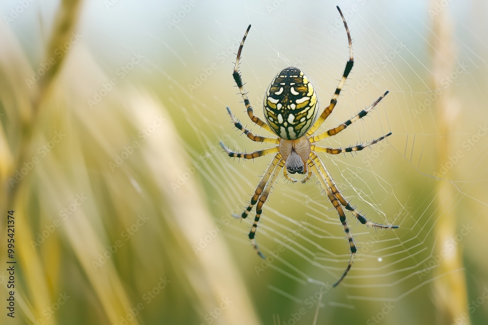 A wasp spider in a web among tall grass A wasp spider in a web among tall grass