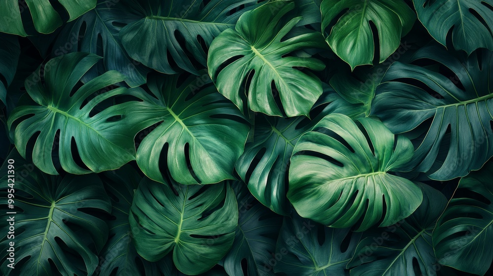 Crisp top-down view of Monstera foliage with deep green hues, bright highlights on the leaf surface, minimalistic background for a modern banner