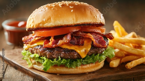 A gourmet burger with melted cheddar cheese, crispy bacon, lettuce, and tomato, served with golden fries.