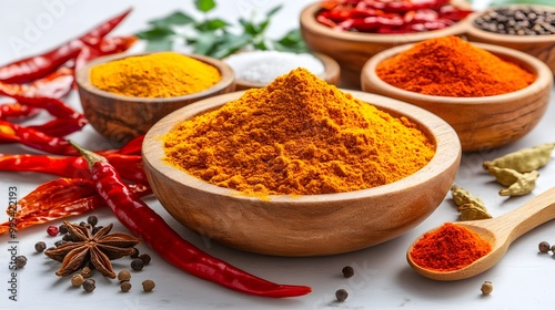 A variety of spices in wooden bowls on a white background, including turmeric, chili powder, paprika, salt, peppercorns, star anise, and chili peppers.