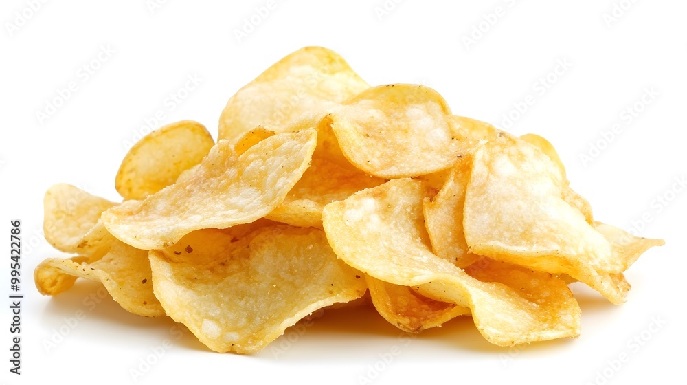 A pile of crispy potato chips on a white background. A pile of crispy potato chips on a white background.