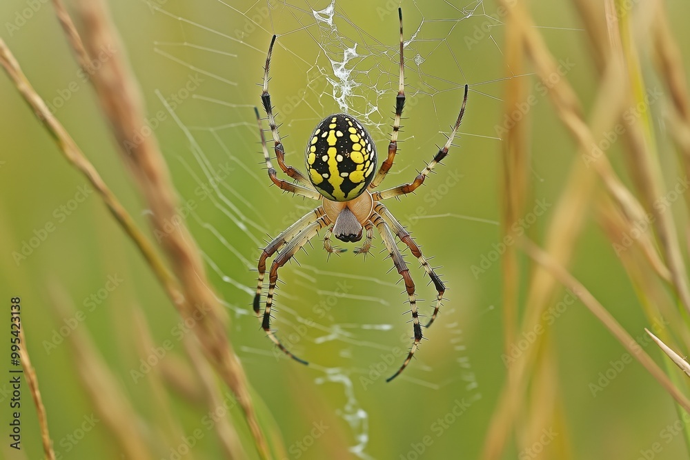 A wasp spider in a web among tall grass A wasp spider in a web among tall grass
