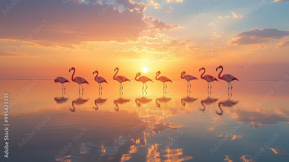 A group of flamingos reflected in the still waters of a salt flat during sunrise. A group of flamingos reflected in the still waters of a salt flat during sunrise.