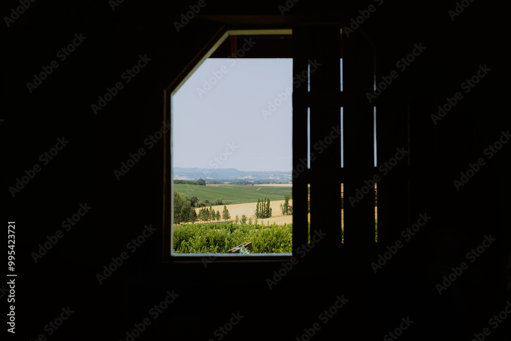 View of a landscape through a dark window frame, revealing green fields View of a landscape through a dark window frame, revealing green fields