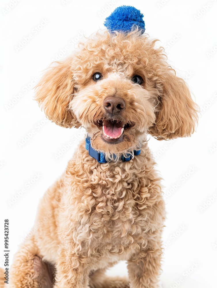 Cheerful Poodle with a smiley emoticon, balancing a small squeaky toy on its head, facing the camera against a pure white background. Cheerful Poodle with a smiley emoticon, balancing a small squeaky toy on its head, facing the camera against a pure white background.