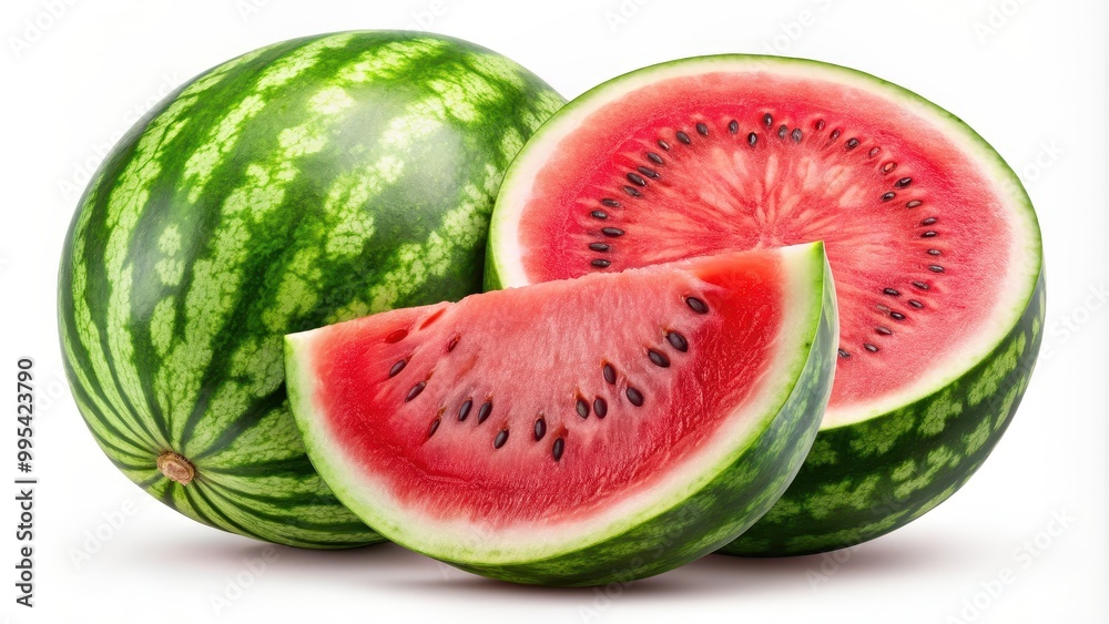 Whole and half watermelon isolated on alpha background , summer, fruit, fresh, juicy, colorful, vibrant, organic