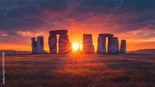 Sunrise illuminating Stonehenge with vibrant colors over the horizon