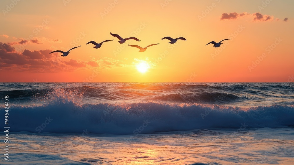 A group of pelicans flying in formation above the ocean waves during sunset. A group of pelicans flying in formation above the ocean waves during sunset.