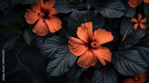 Tropical flower with dark leaves and apricot orange flowers on a dark backdrop #995424551