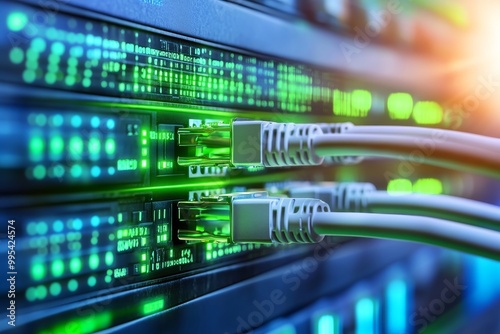 Close up of green and blue network cables plugged into server racks representing efficient data management and high speed internet connectivity in modern IT infrastructure photo