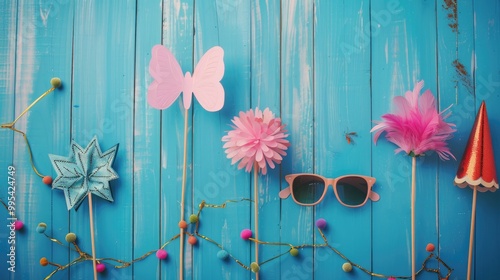 Vintage themed Party Photo Booth Props on Blue Wooden Background