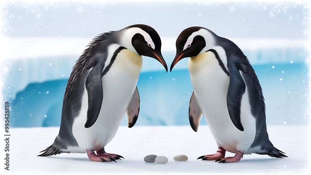 Obraz premium This photograph captures a touching moment between a pair of penguins displaying courtship behavior, a significant part of their bonding process.