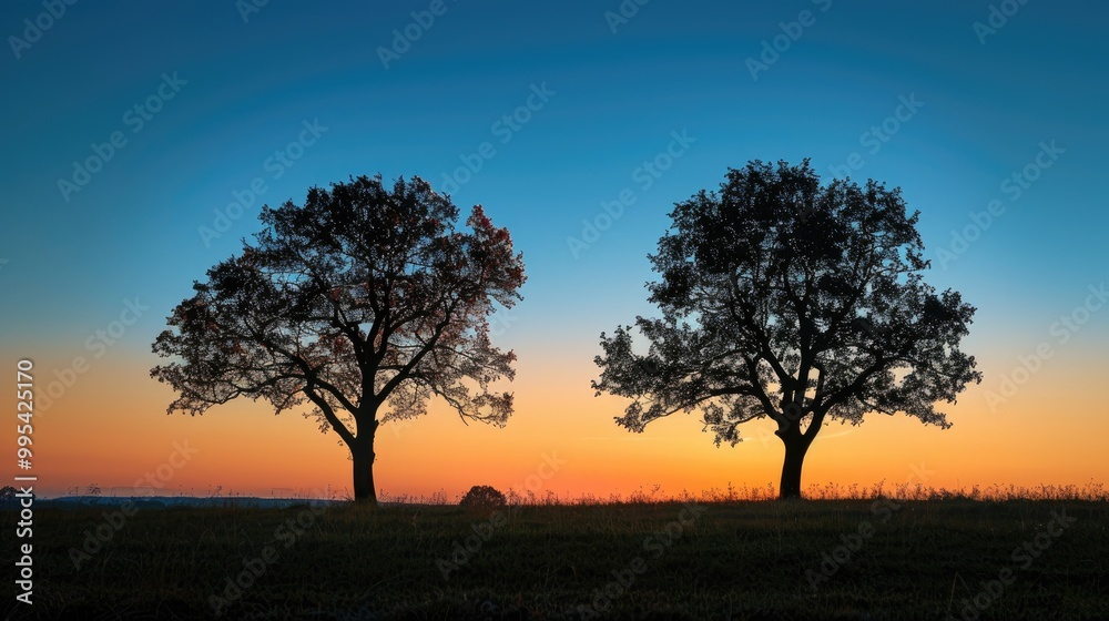 Two trees silhouettes at sunrise Two trees silhouettes at sunrise