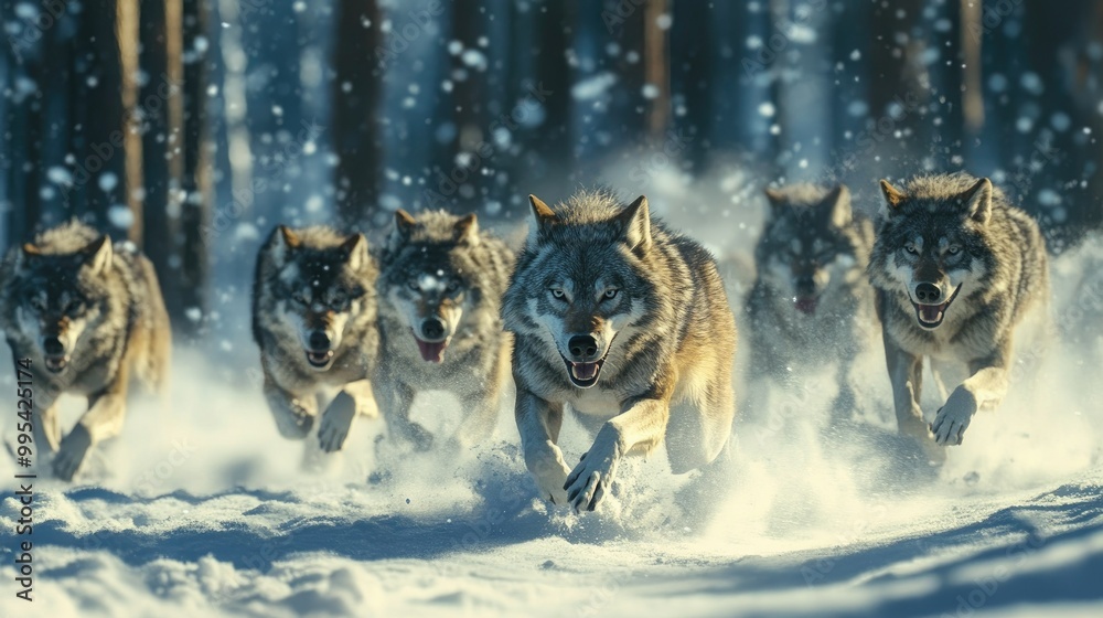 A group of wild wolves running through a snowy forest, their breath visible in the cold air.